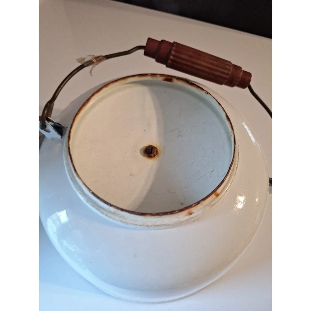 Vintage Antique 1960's Enamel Tea Pot White Red & Brown Trim Very Good Condition